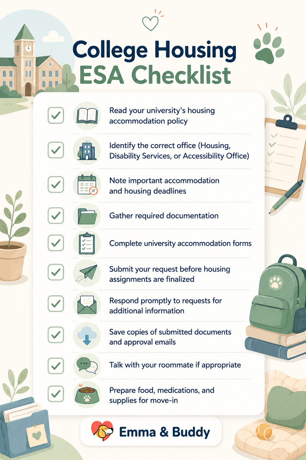 College housing ESA accommodation checklist for students preparing to move into campus housing.