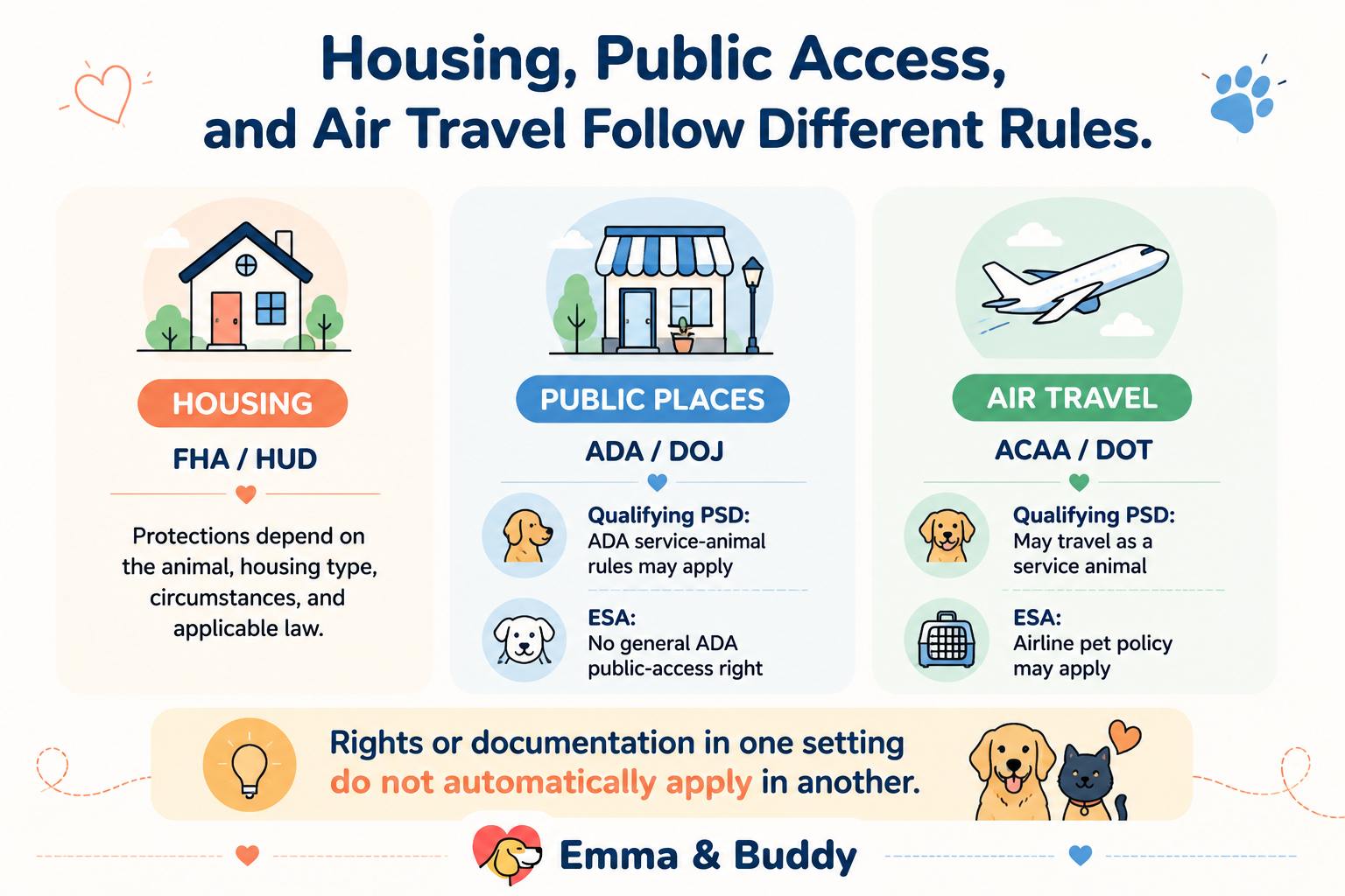Diagram showing that ESA and PSD rules differ across housing, ADA public access, and DOT-regulated air travel.